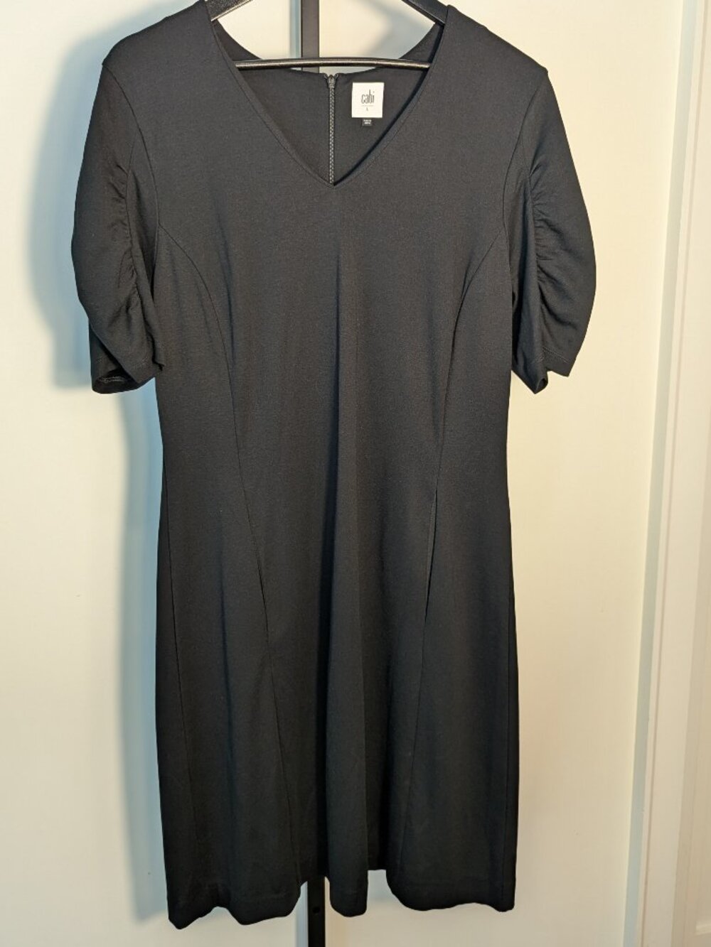 Cabi Black Knit Sheath Dress Ruched Puff Sleeves V-Neck Stretch | Size L